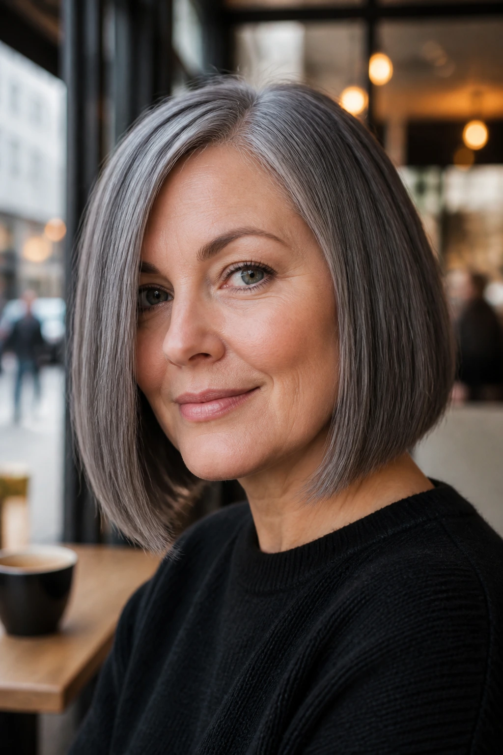 Portrait of a real woman with glass-sleek graphite bob below the jaw
