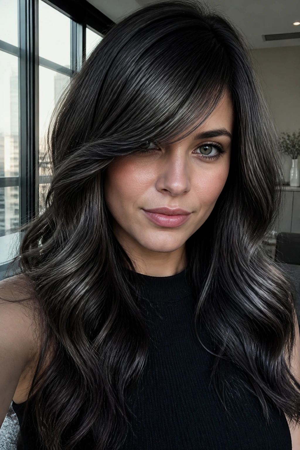 Portrait of a real woman with graphite brown balayage and narrow ribbons under side-swept bangs.