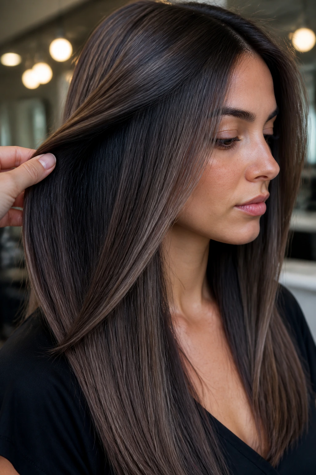 Straight hair with graphite brown panels