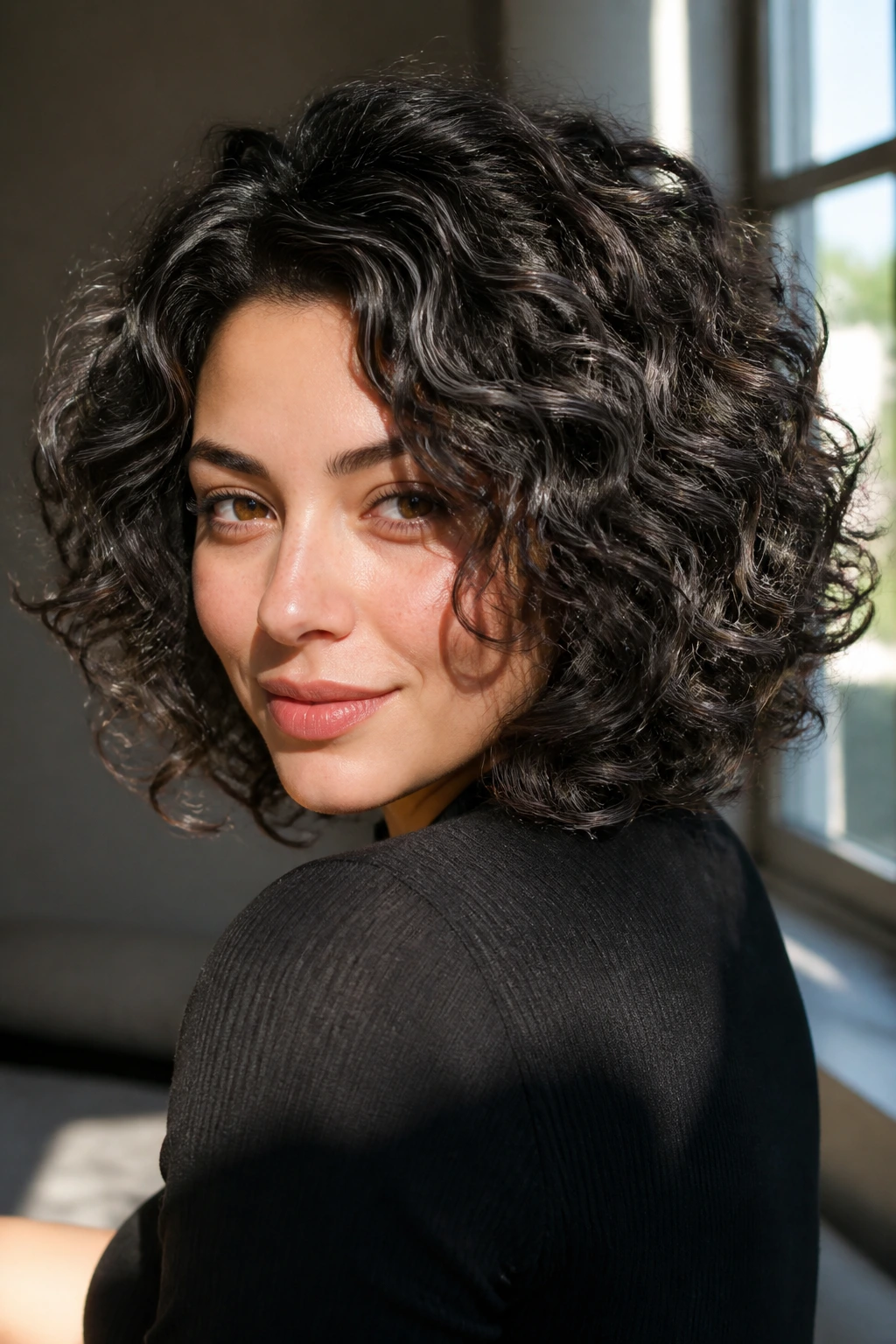 Medium close-up of a woman with graphite curls and smoky shading