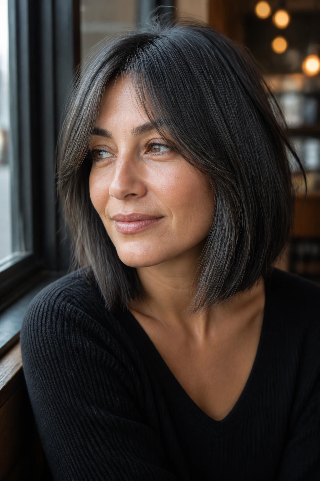 Real woman with graphite curtain bangs and long bob in natural light