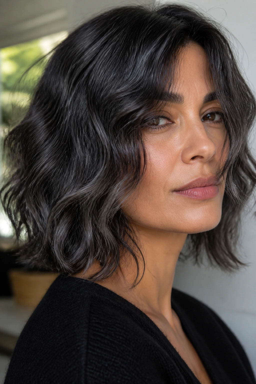 Close-up portrait of a real person with graphite glaze gray hair.
