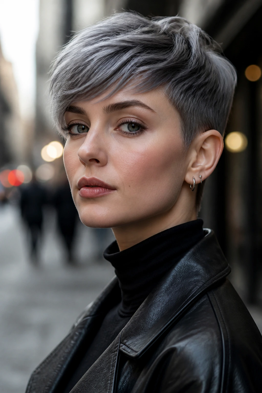 Real person with graphite grey cropped hair in an urban setting