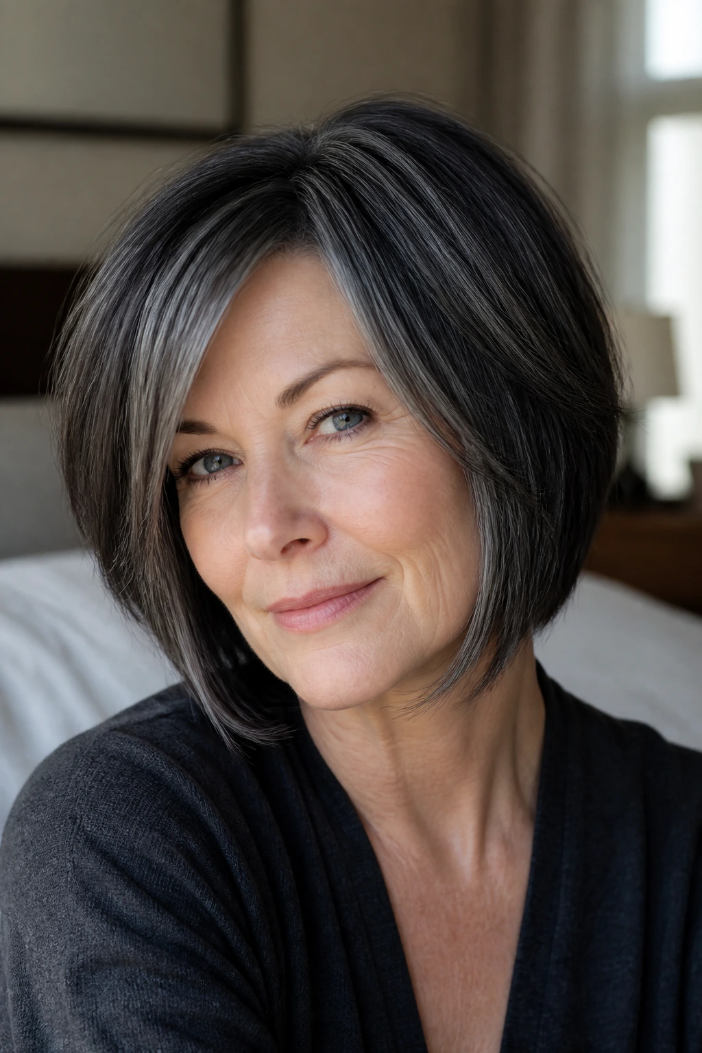 Close-up portrait of a real woman with graphite layered bob showing blue-grey tones