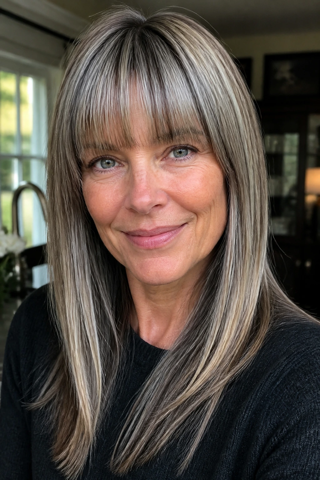 Close-up of a real woman with graphite highlights and a blonde halo with a straight fringe