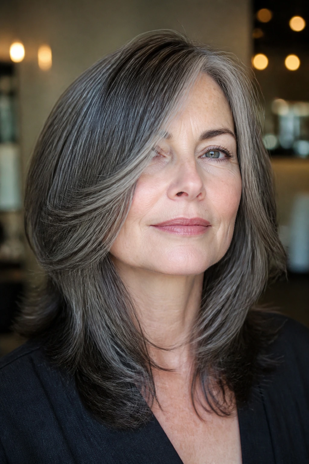 Portrait of a real person with graphite layered midi cut and a face-framing sweep.