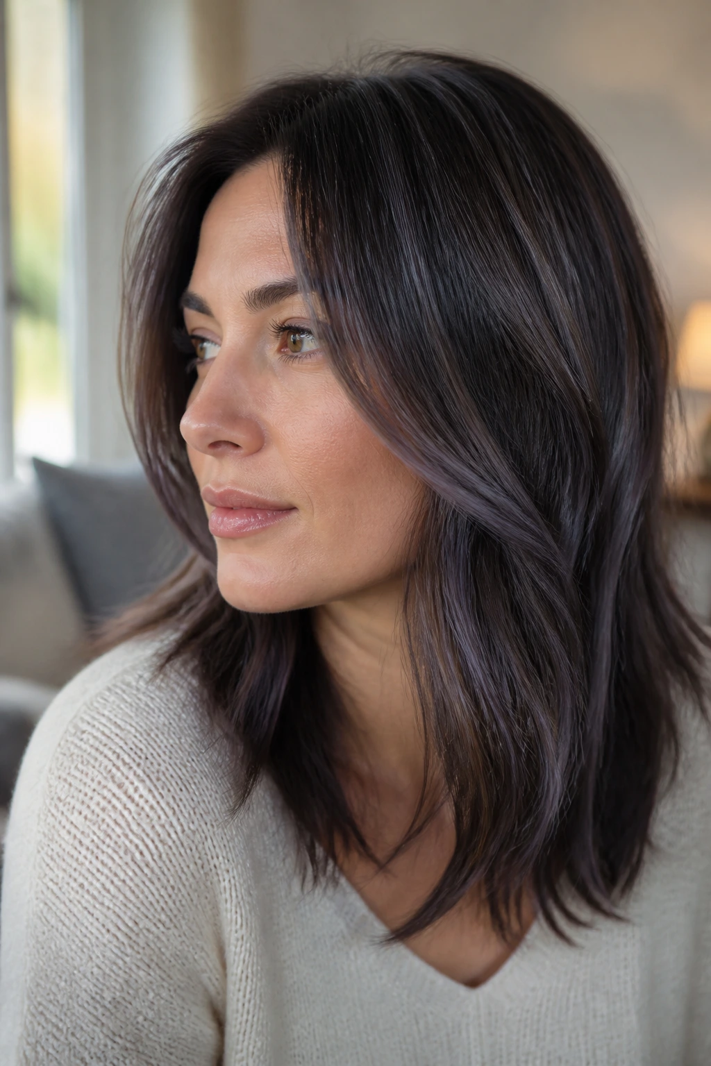 Close-up of brunette with graphite lowlights adding depth under natural window light
