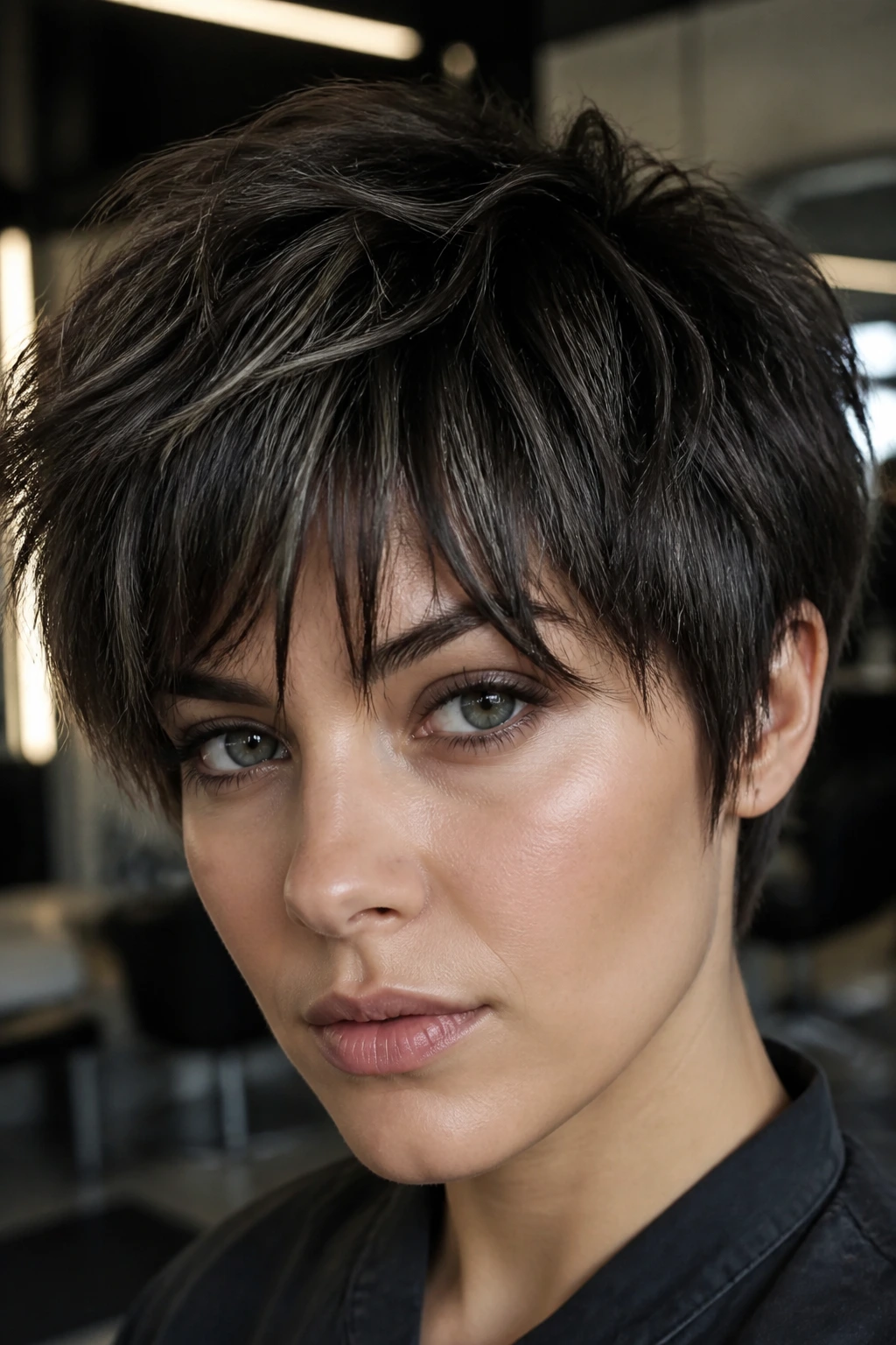 Close-up of short, choppy haircut with graphite mocha pieces on a real person