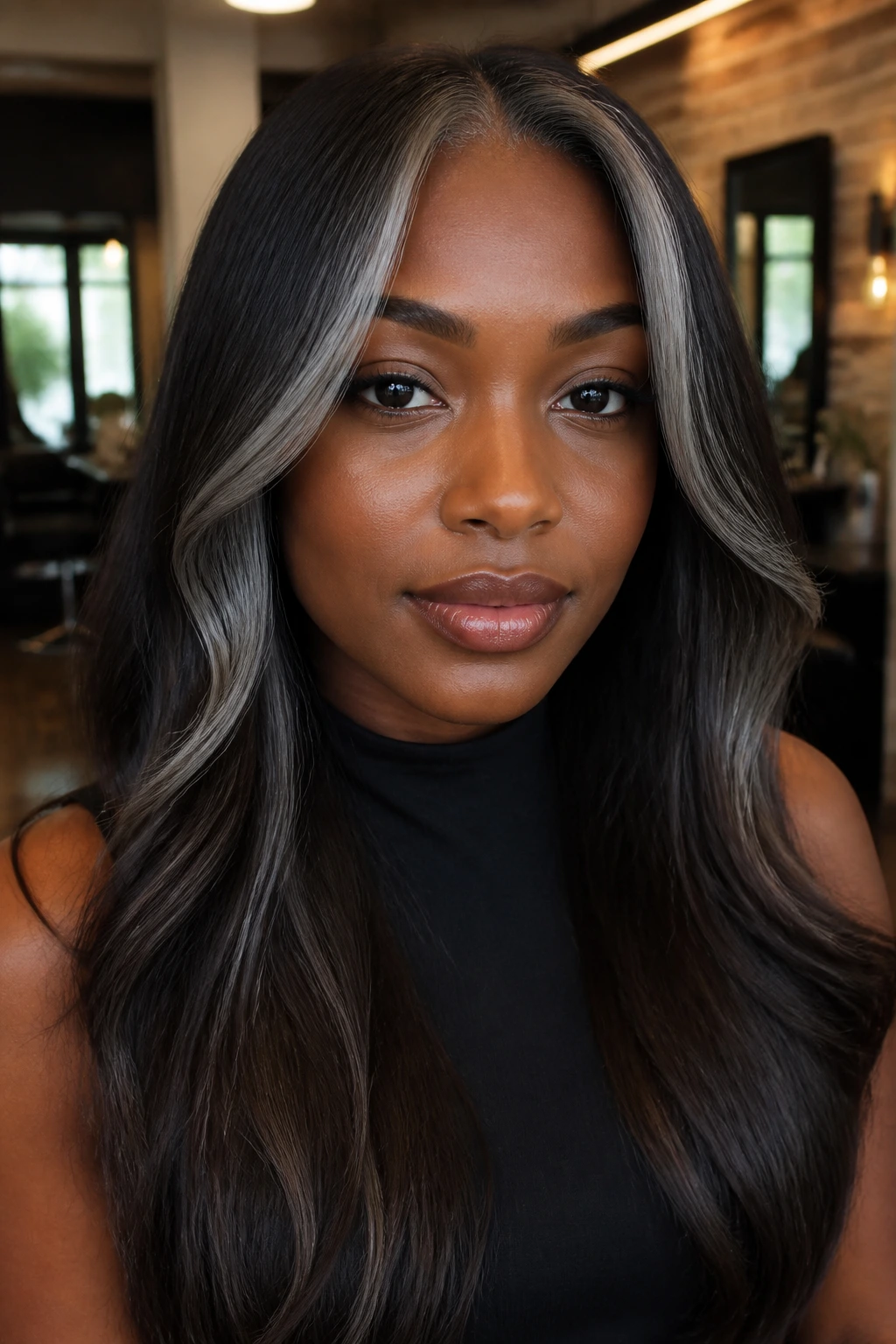 Portrait of deep skin model with graphite money piece hair color