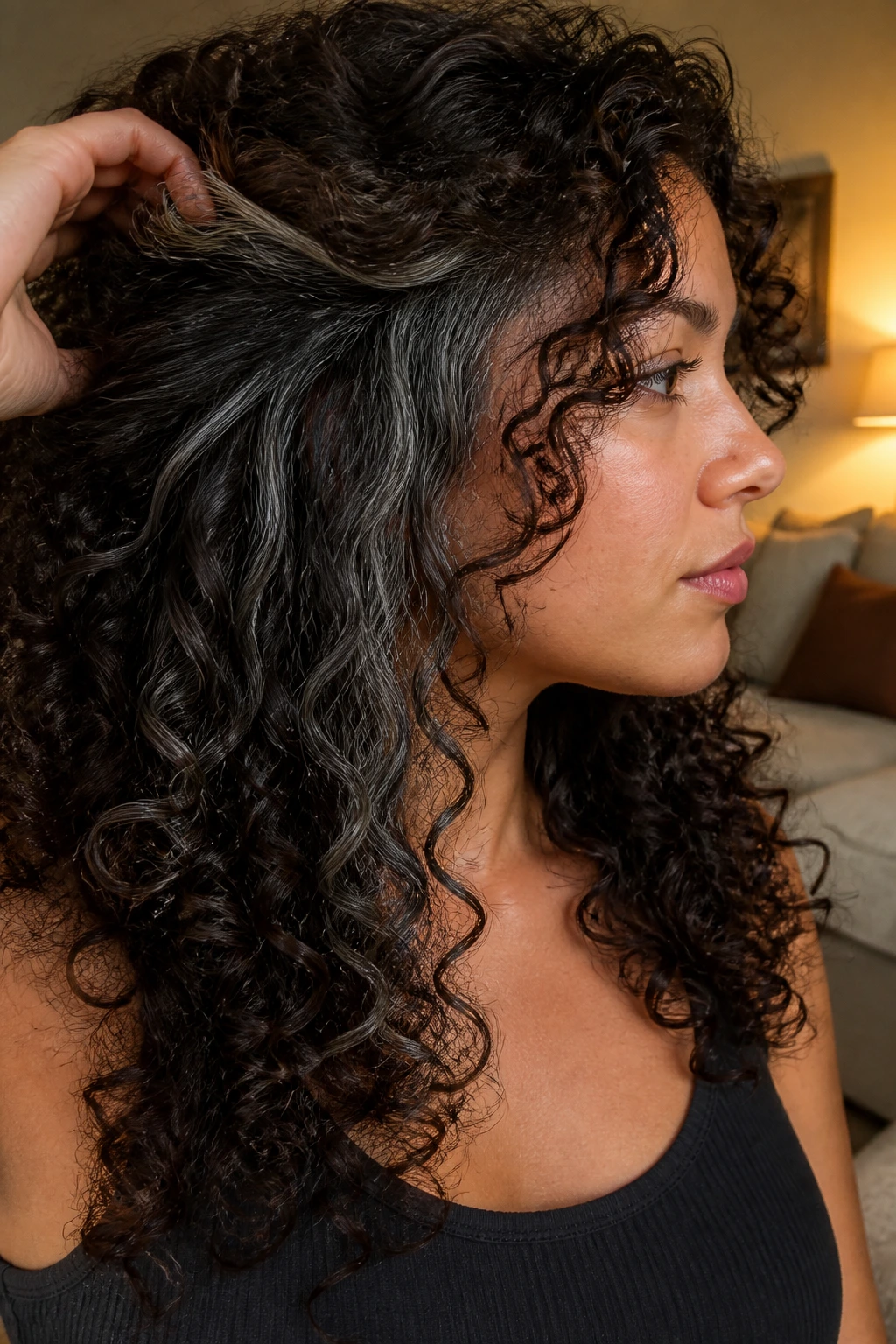 Brunette with graphite peekaboo panels peeking from under top layer