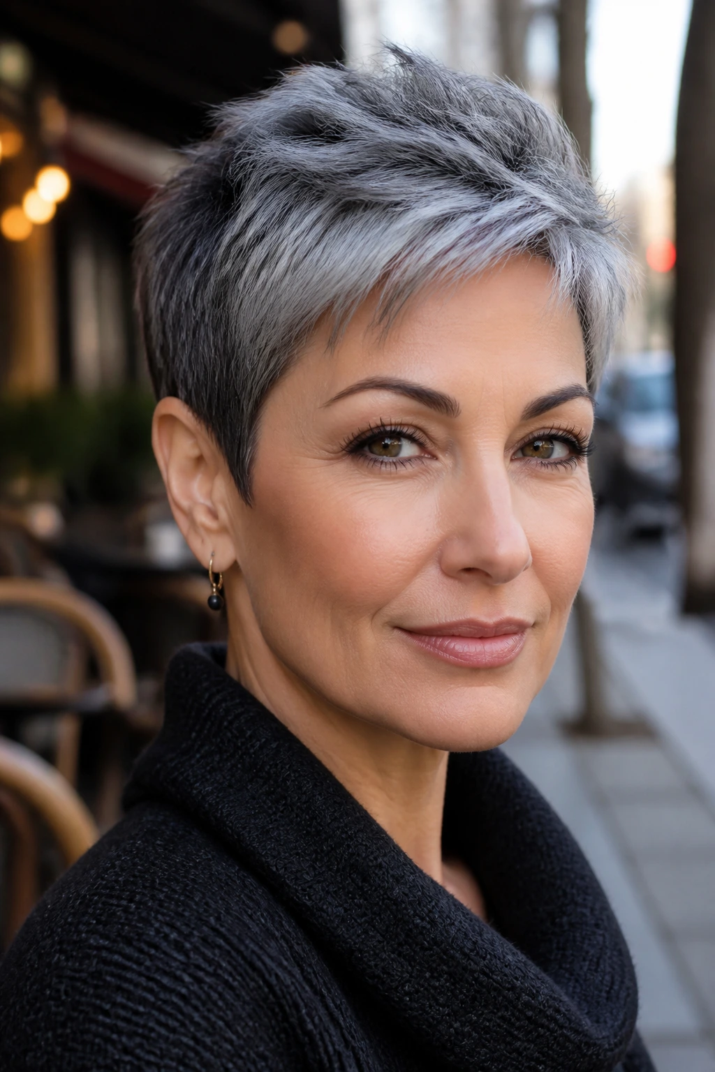 Real-woman portrait with graphite pixie, silver top and dark sides in urban setting
