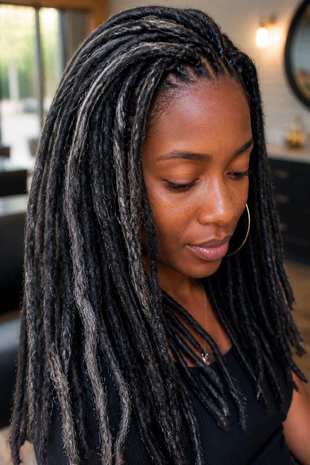 Close-up portrait of a person with graphite-grey ribbon locs woven through dark hair.