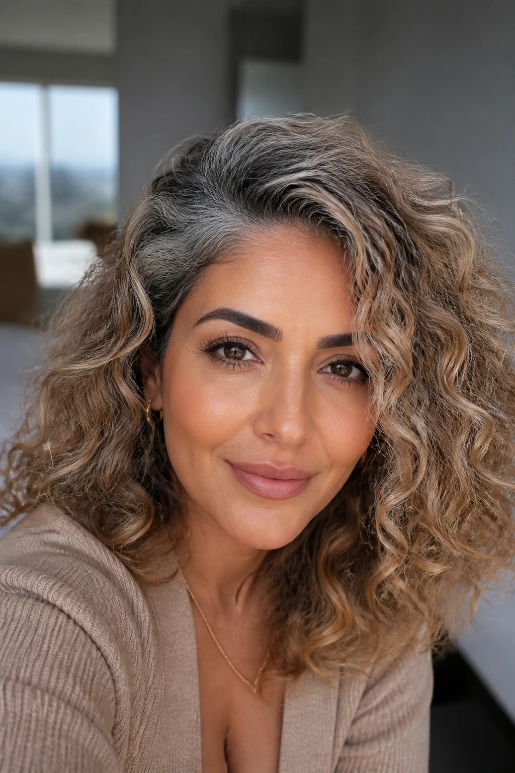 Olive-skinned person with graphite-root smudge and beige lift on mid-length curls