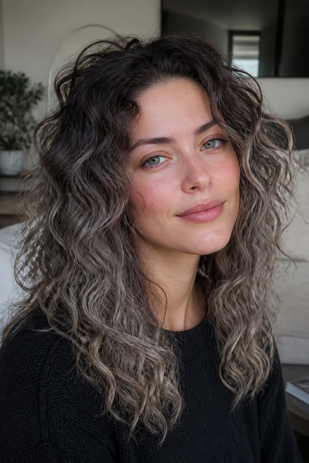Portrait of curls with graphite root shadow on cool skin