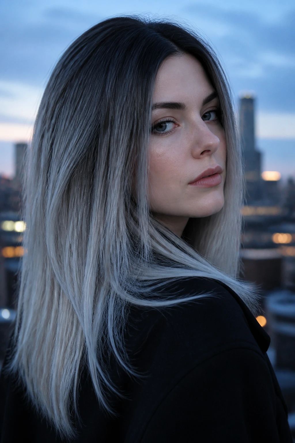 Close-up of real person showing graphite-to-silver hair gradient on crown and ends