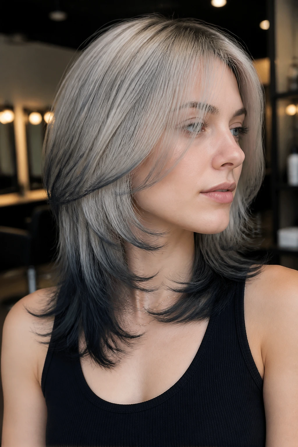 Close-up of a woman with layered hair and graphite tips on the ends