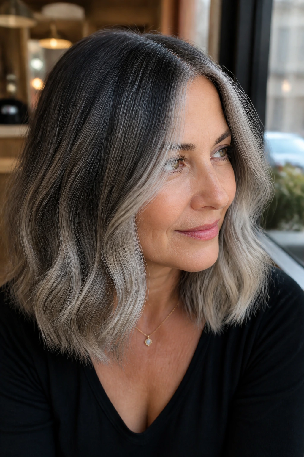 Portrait of a real person with gray balayage lob and soft root shadow in natural daylight