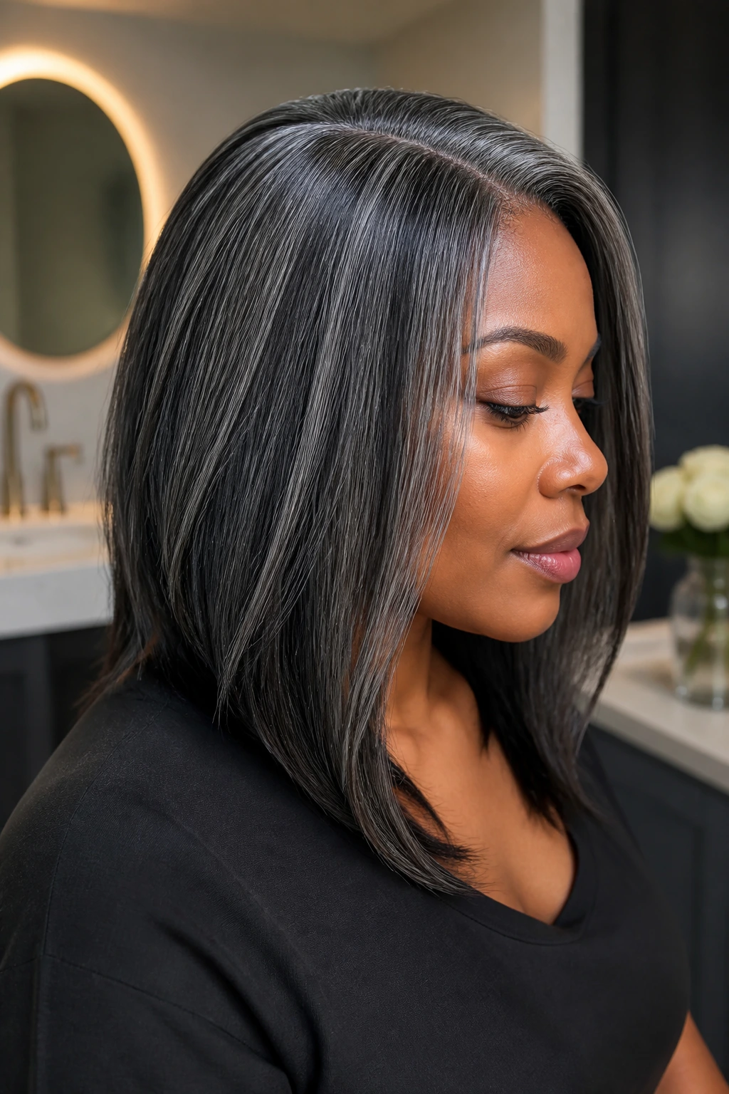 Close-up portrait of a real person with crisp gray-black hair and defined roots in a stylish indoor setting.
