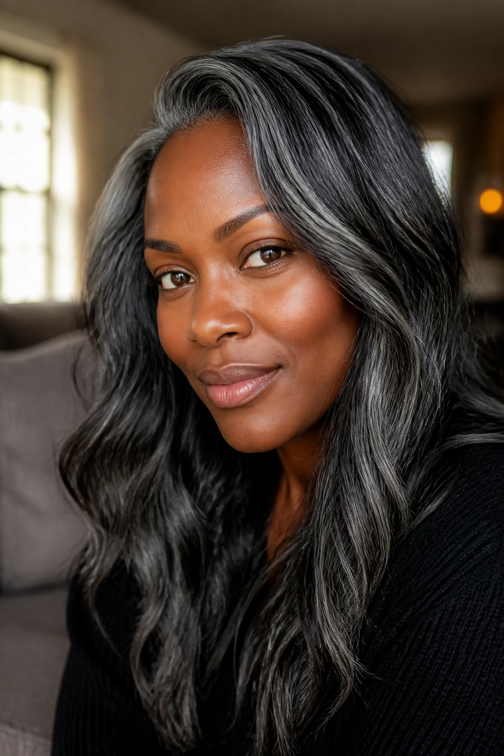 Close-up portrait of a real person with gray-black hair on deep skin showing charcoal and silver tones
