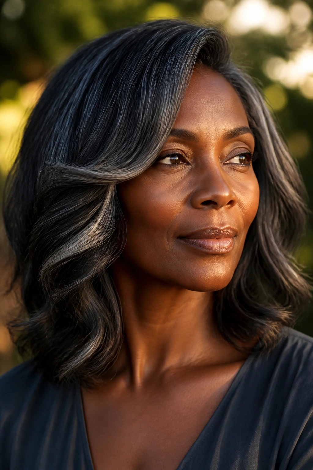 Close-up portrait of gray-black hair with depth and subtle silver highlights in golden hour light