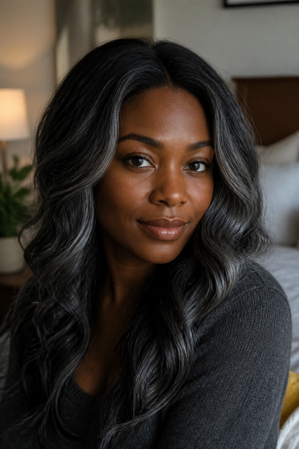 Close-up portrait of a person with deep skin showing a dark root and gray-silver strands.