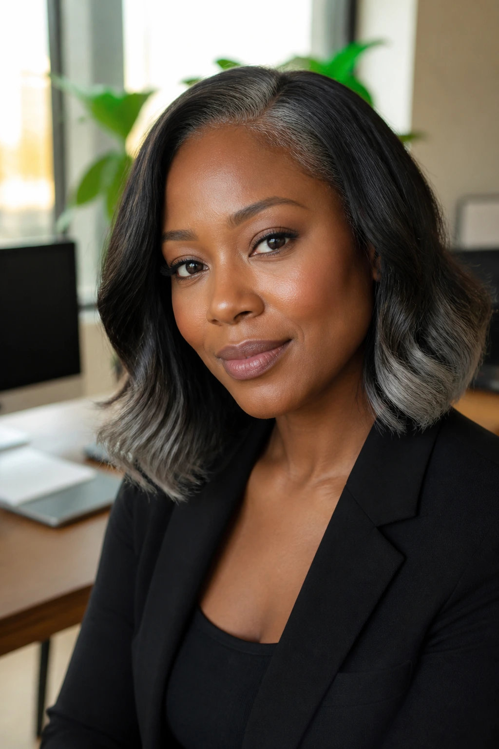 Close-up portrait of a woman with gray-black hair showing soft smoke ends in an office setting