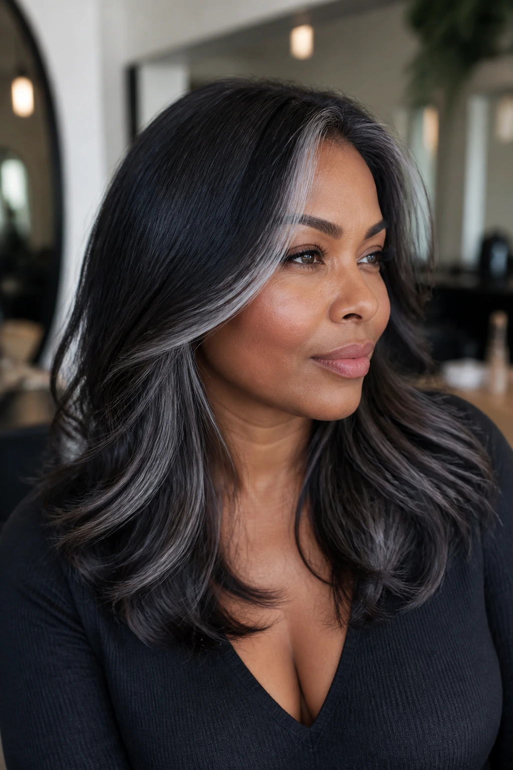 Portrait of a real person with gray-black hair showing silver threads and shadow root for tonal depth.