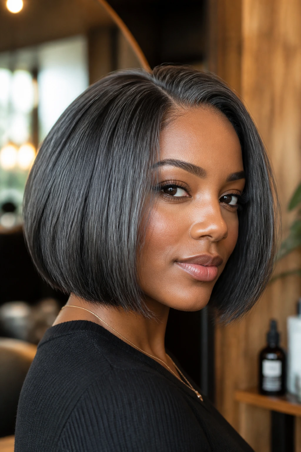 Close-up portrait of a real person with a structured gray-black bob highlighting hair color depth.