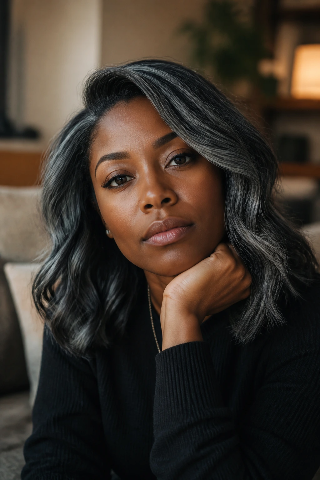 Thoughtful portrait of a real person with gray-black hair in a cozy space.