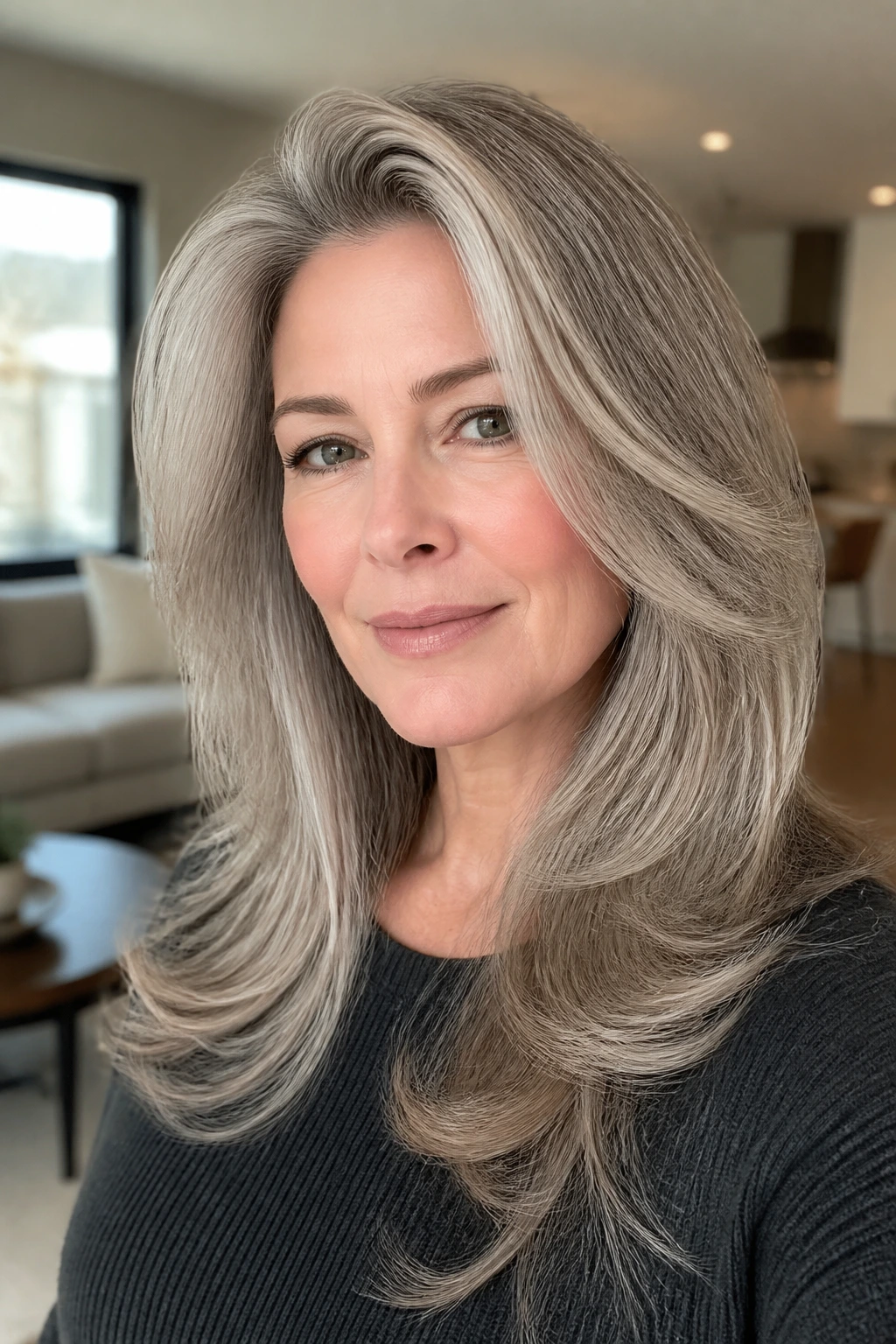 Portrait of a woman with gray-blend blowout layers and voluminous roots