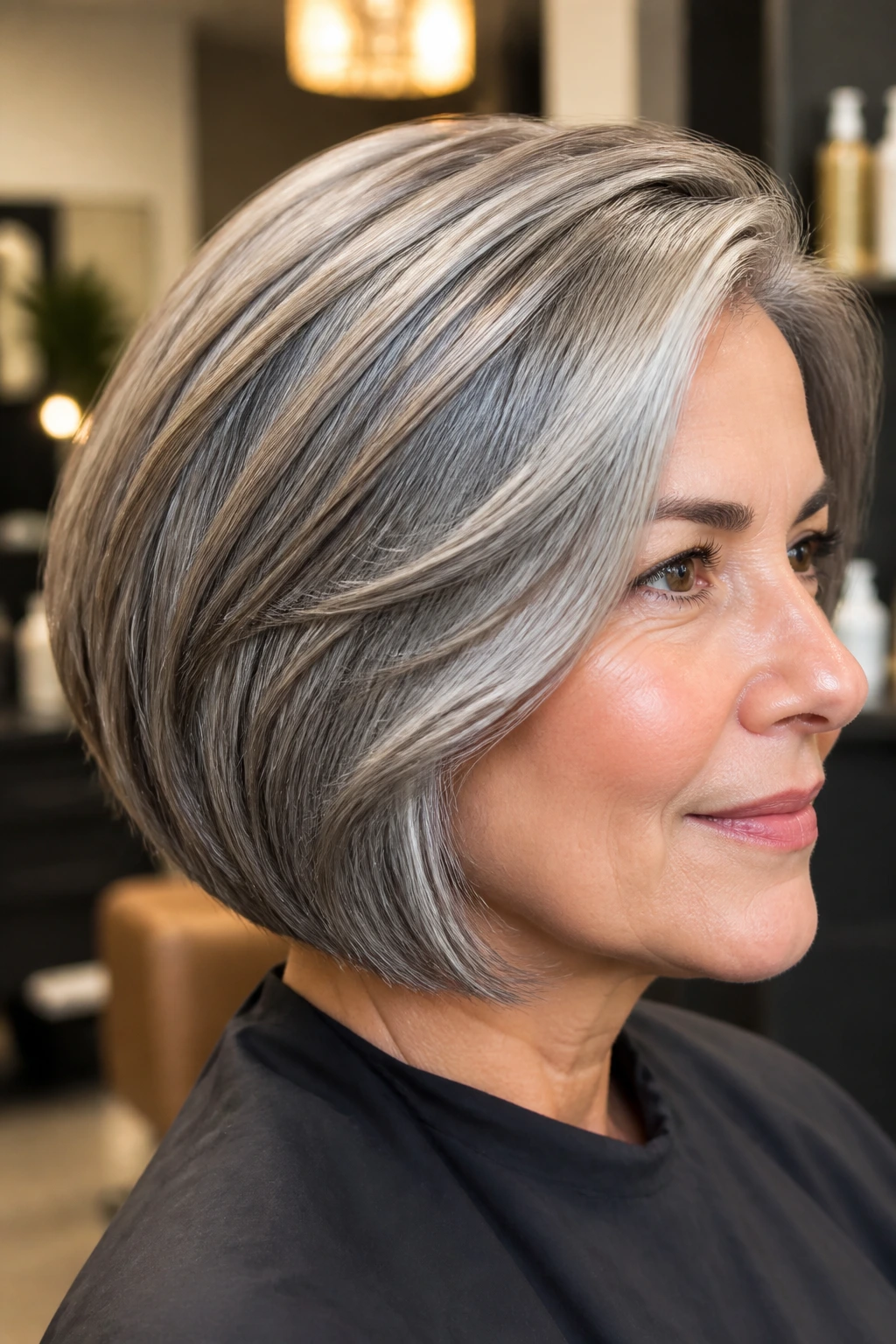 Close-up of a real woman with a gray-blend rounded bob showing glossy silver highlights