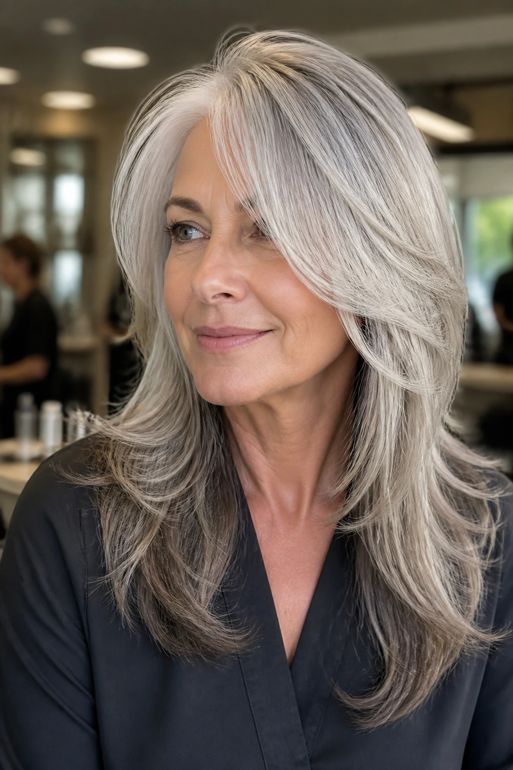 Portrait of a woman with a gray-blend butterfly cut showing layered front and longer back.