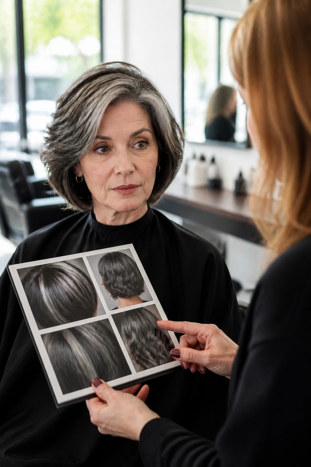 Salon consultation between client and colorist planning a grey blend