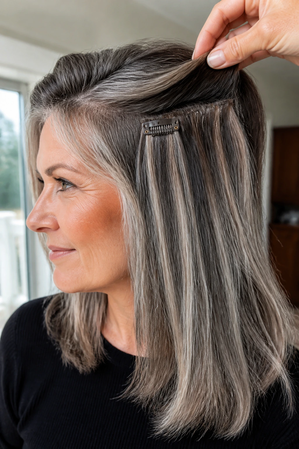 Gray-blend hair extensions blended with natural hair on a real person