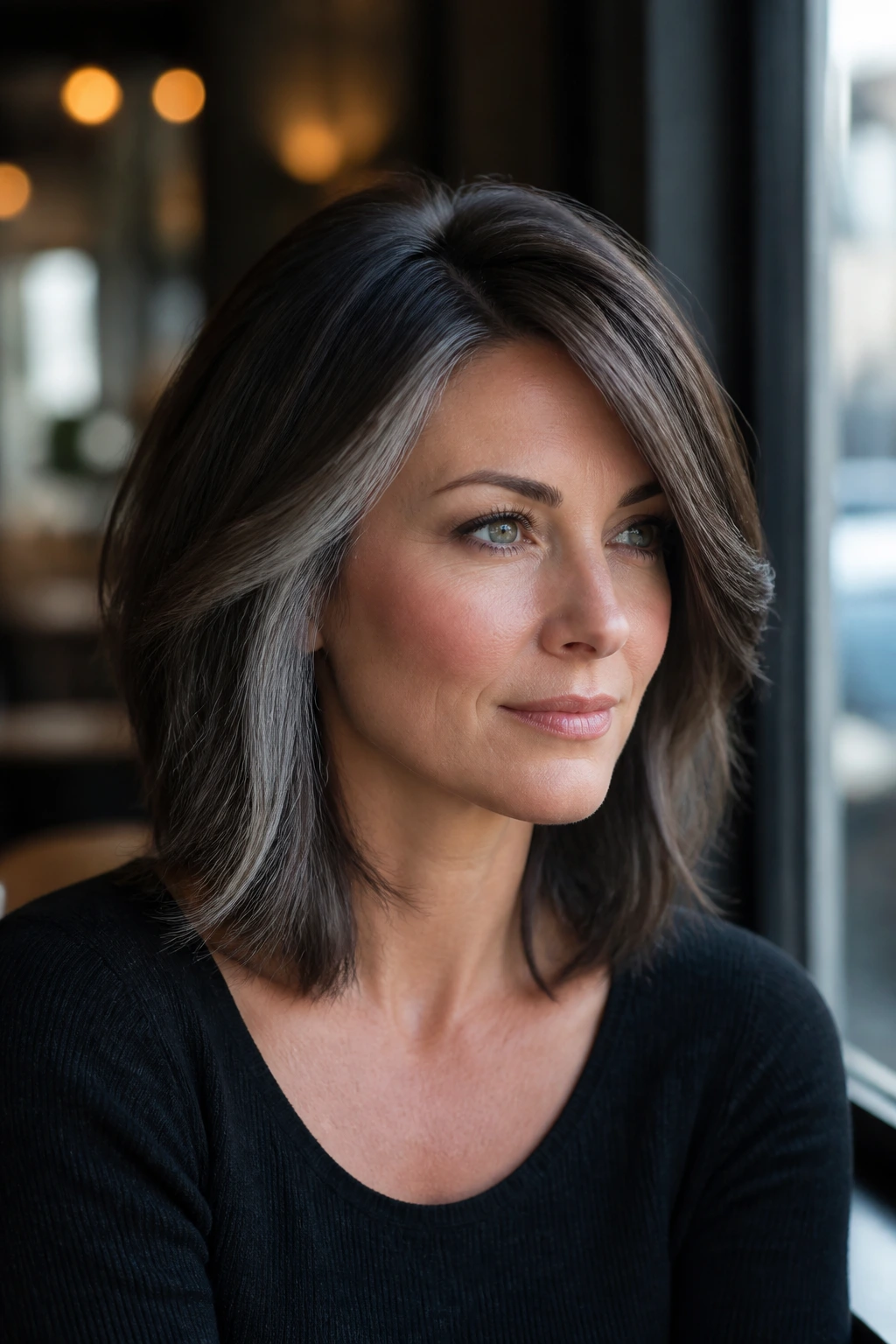 Portrait of woman with gray-blend shoulder cut and side sweep