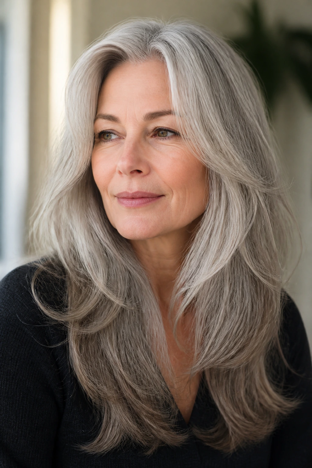 Woman with silver gray layered hair demonstrating gray blend variation
