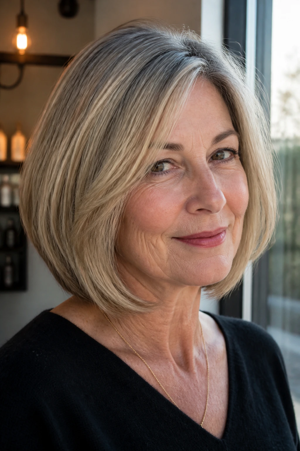 Close-up portrait of a real woman with a blonde mid bob featuring subtle gray lowlights blending into the cut