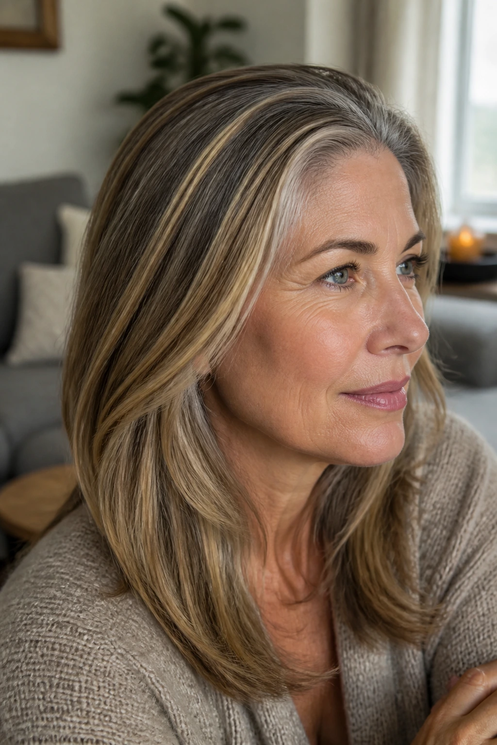 Close-up of a real woman with gray roots blending into honey ribbons.
