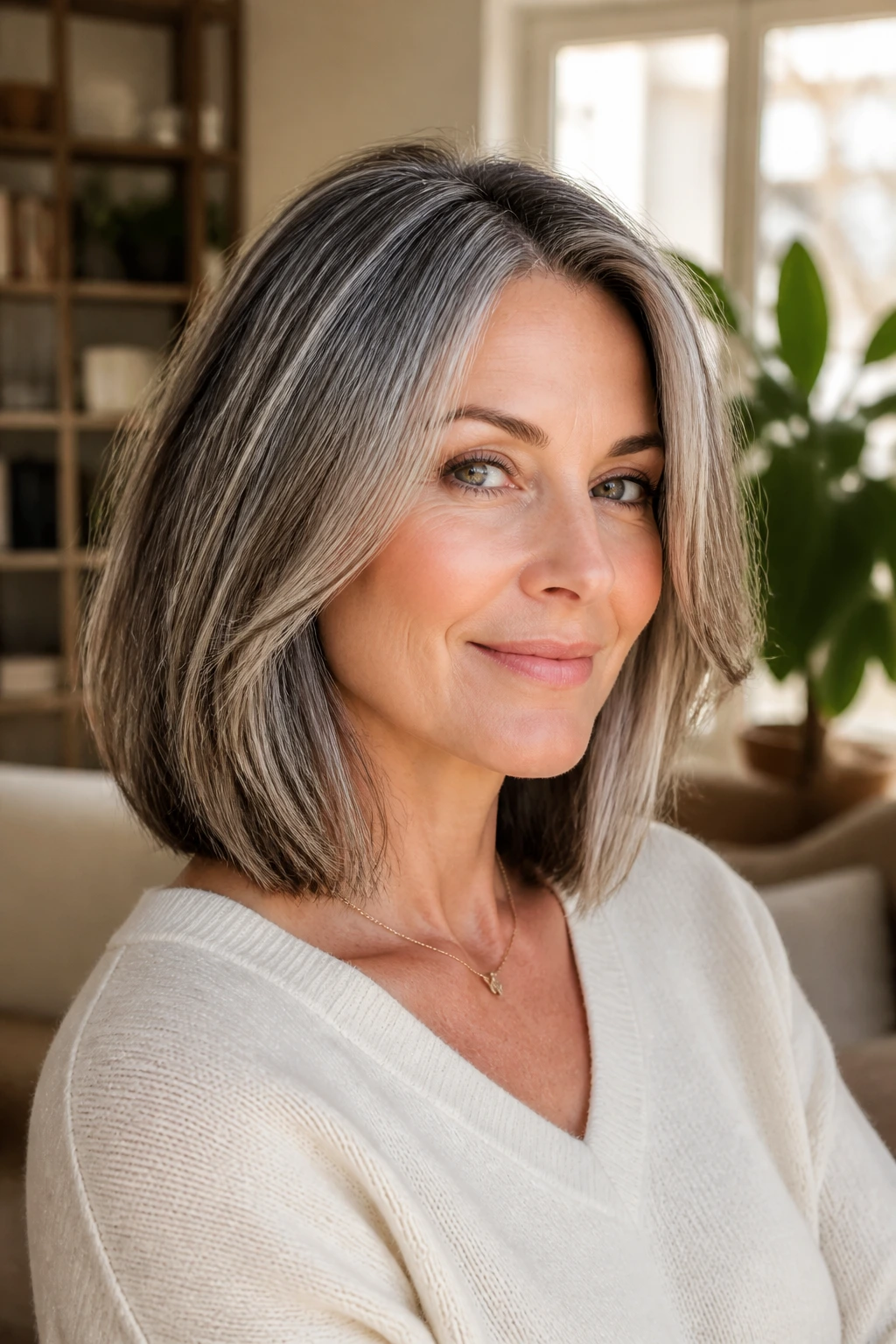 Head-and-shoulders portrait of a real woman with a gray-blending lob and dimension