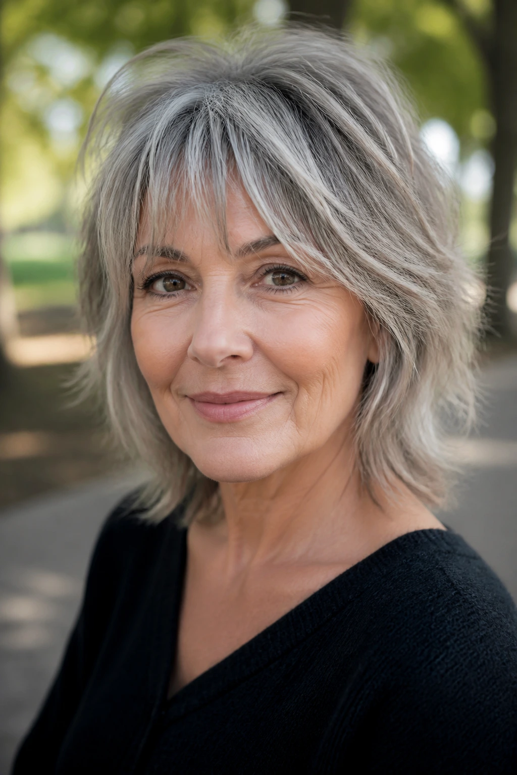 Close-up portrait of a woman with a gray-blending shag and frosted babylights