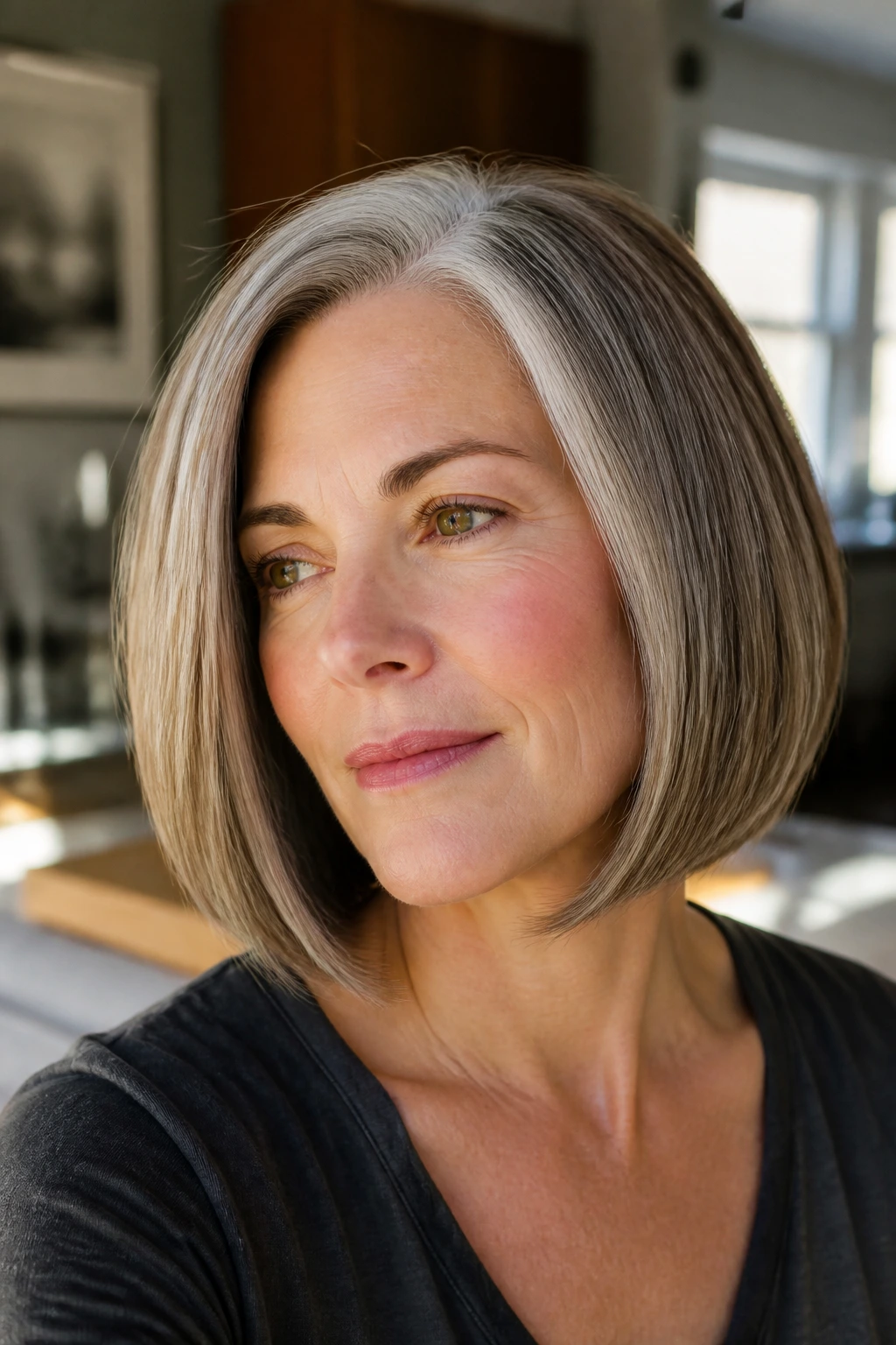 Close-up of Gray-Blending Bob with taupe lowlights on a real woman
