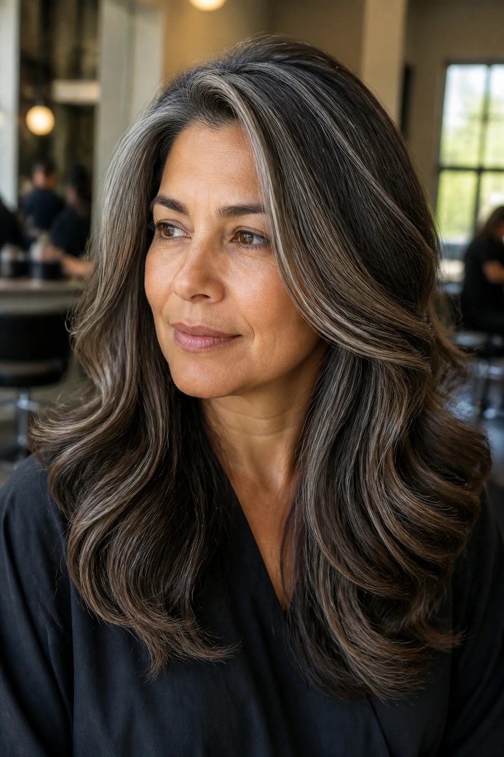 Close-up of a real person with thick hair showing depth with lowlights and root shadows.