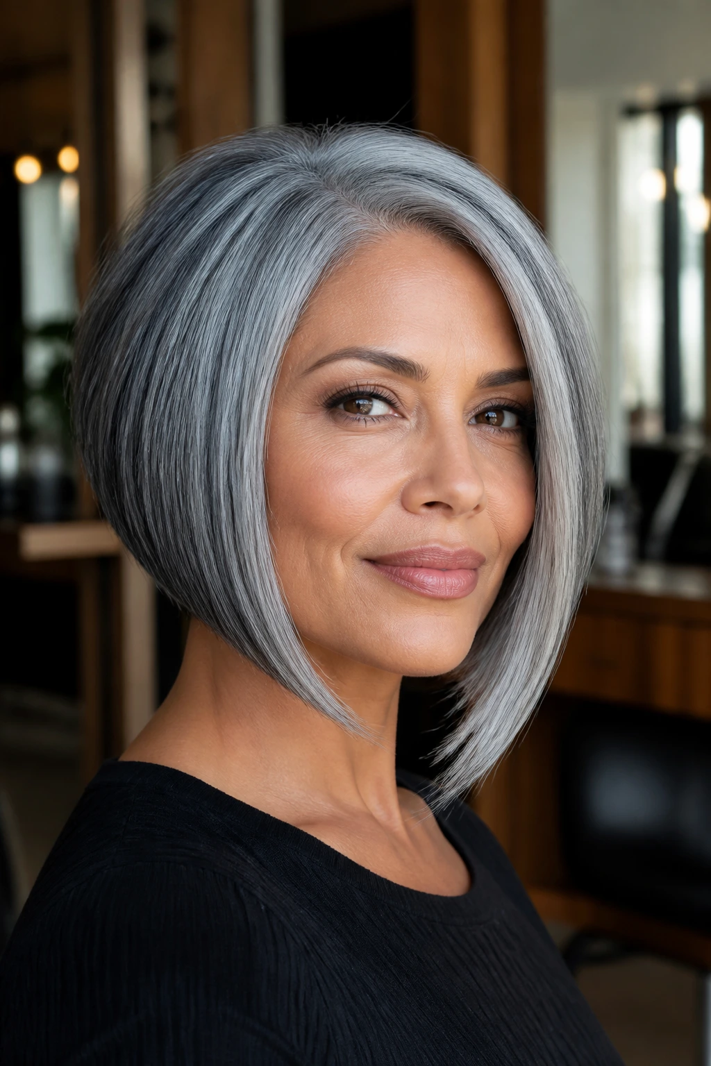 Close-up portrait of a real woman with an angled gray bob, shorter back and longer front edge, medium skin tone in a salon setting
