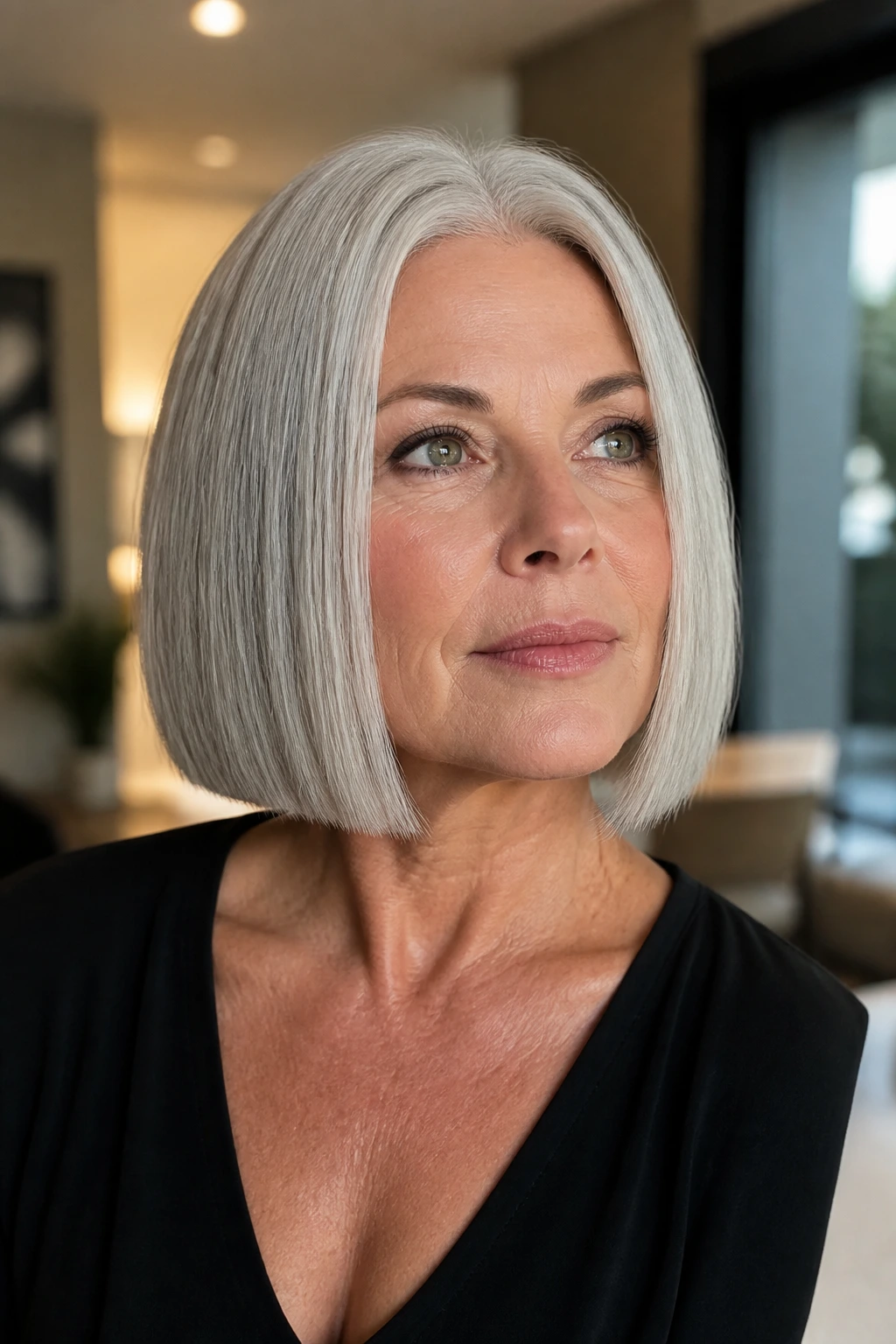 Portrait of a gray-haired woman with a glassy gray bob and blunt ends