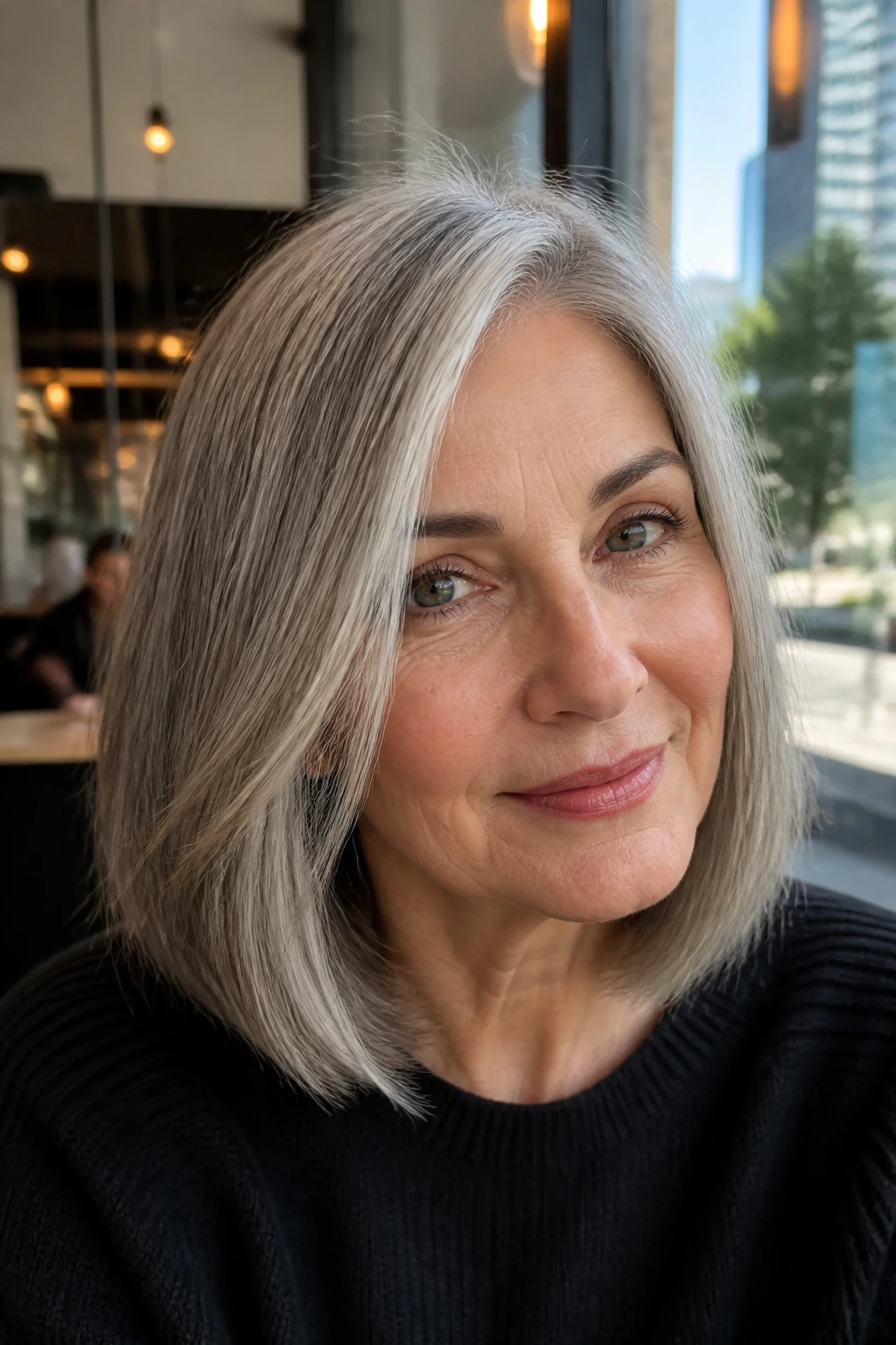 Real woman with natural gray bob and ice babylights in window light