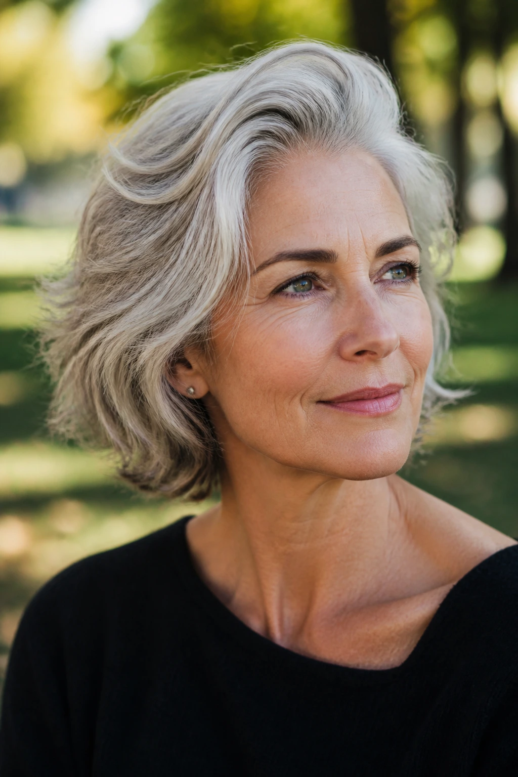 Gray-haired woman with layered bob and brushed-back volume in natural light
