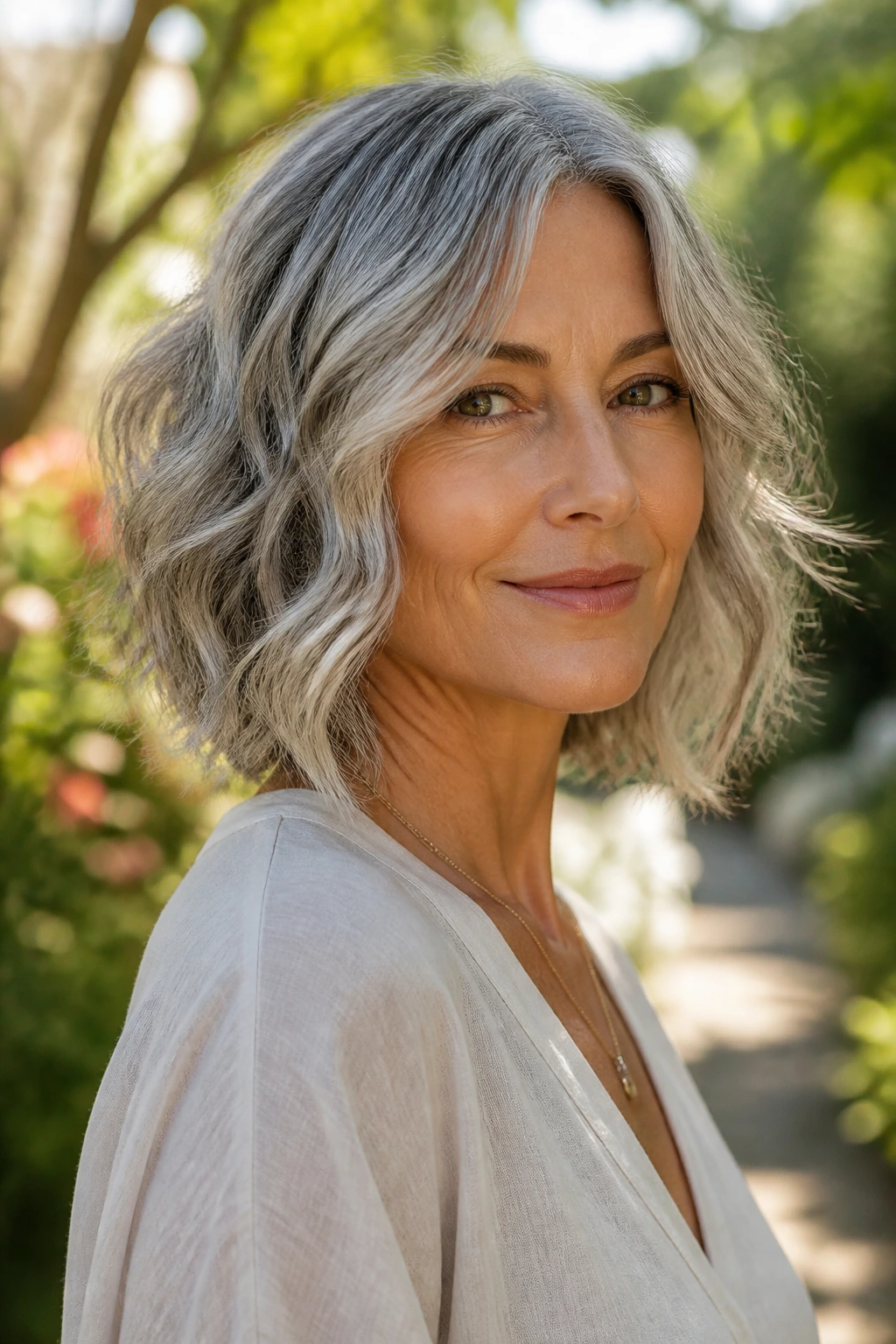 Portrait of a real woman wearing a beachy gray bob with mid-length layers and soft waves.