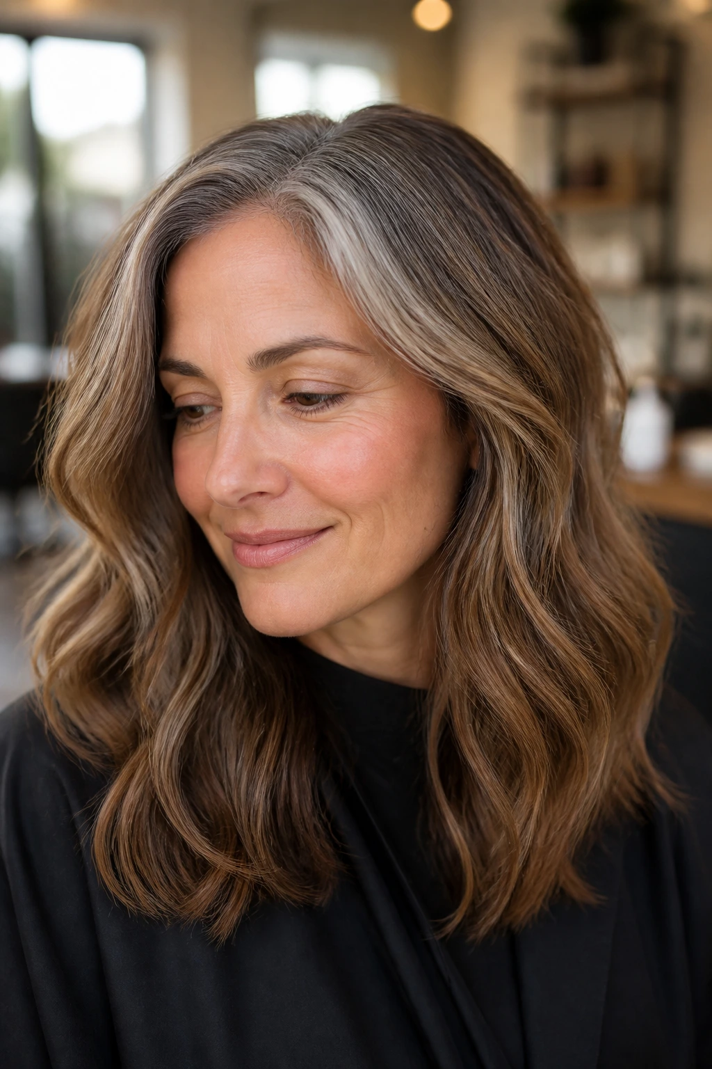 Close-up portrait of a woman showing a blended gray-to-brown grow-out with a soft transition