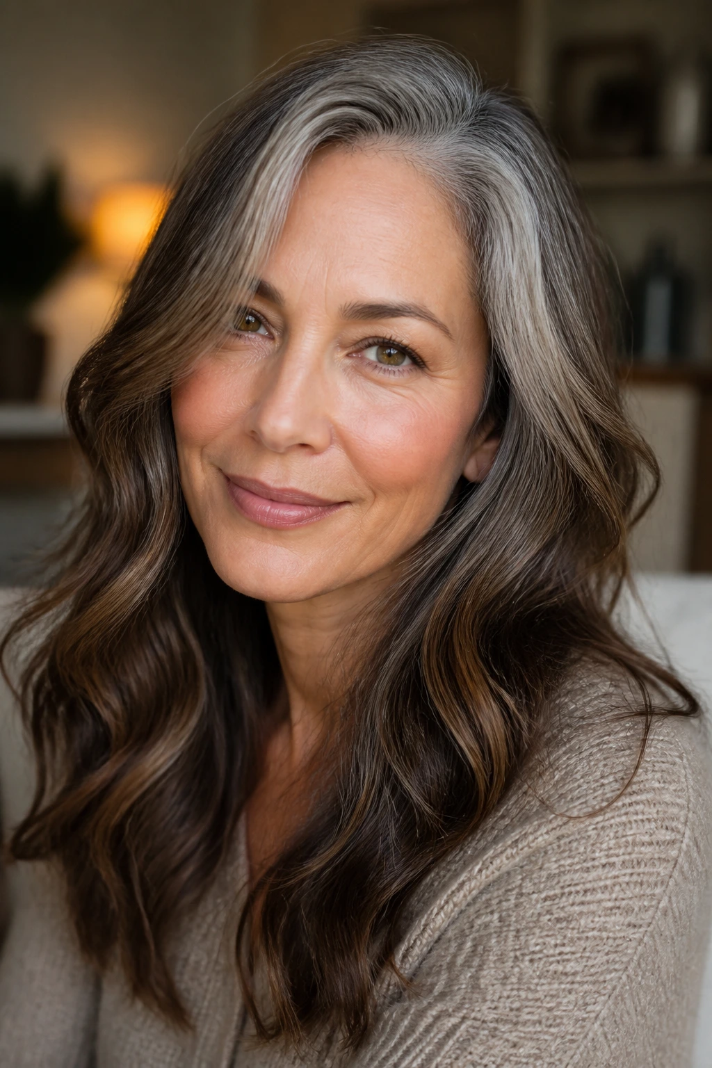 Portrait of a woman with gray-to-brown variations including salt-and-pepper base and brown lowlights.