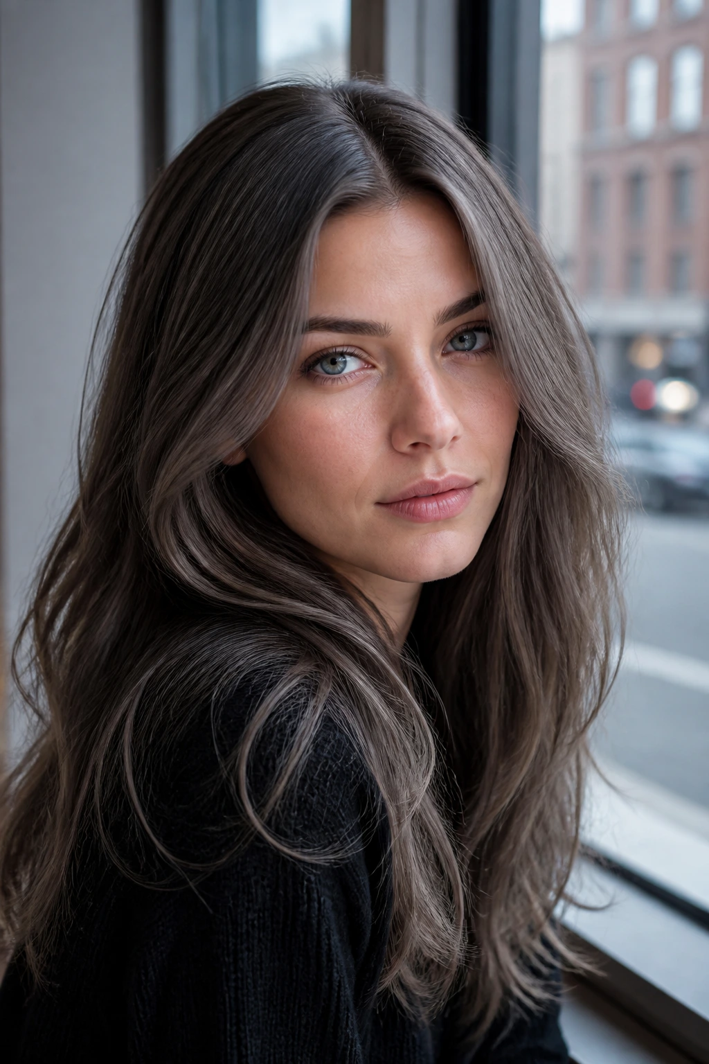 Close-up of a real person with cool-toned skin and gray-brunette hair